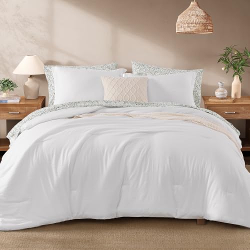 Monbix Full Size Comforter Sets-7 Pieces Soft Bed in a Bag Full Bedding Set - All Season White Prewashed Comforter Bed Set with Striped Sheets, Pillowcases & Shams