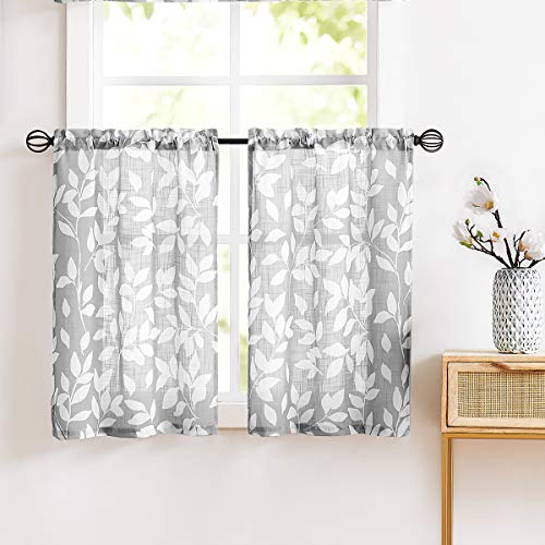 "Treatmentex Grey White Kitchen Curtains 36"" Short Caf?? Curtain Set for Windows Leaf Print Tiers 2 Panels"