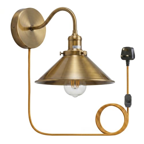 LEDSone Antique Brass Wall Sconce Plug in with Cord (Yellow Brass + Bulb)