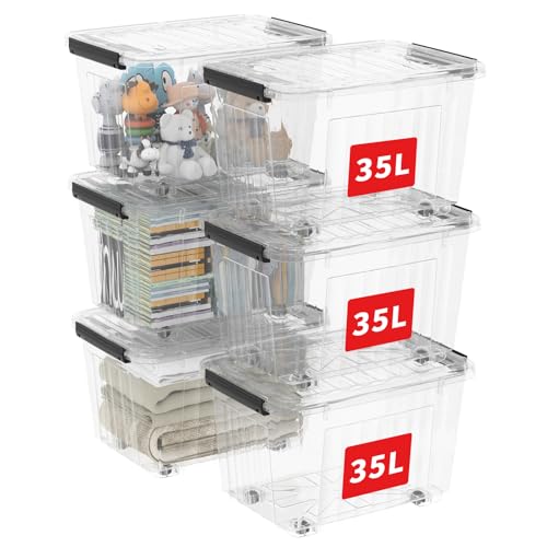 Cetomo 35L*6 Plastic Storage Boxes with Wheels, Lidded Storage Box with Secure Side Latches, PP Nestable and Stackable Clear Organizer for Home, Office, Moving, Transparent, 35L-6 Pack