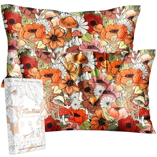 "Miss Adola Silk Pillowcase 2 Pack - Pillow Cases 20"" x 30"" Queen Size Set of 2 for Hair and Skin Smooth Soft Breathable with Hidden Zipper Cooling Pillow Covers for Sleeping,Mushroom Bushes"