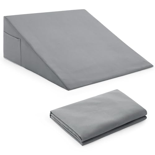 "Horbaunal Silver Grey Bed Wedge Pillow Cover with Zipper Design, Wedge Pillowcase Protector with Side Pocket for Storage, 26"" L x 25"" W x 7.5"" H(Pillow Not Include)"