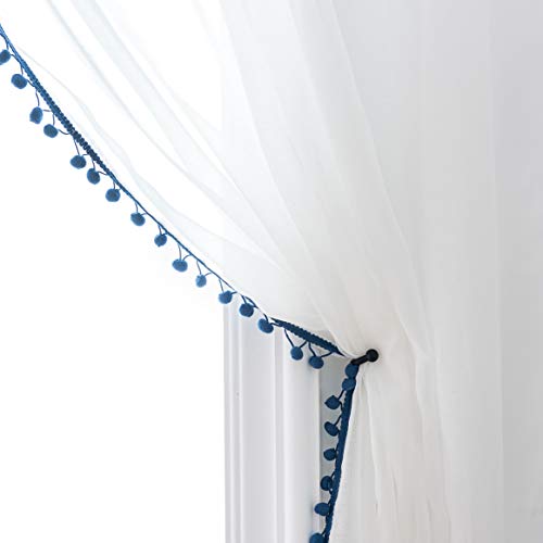 MISS SELECTEX Linen Look Pom Pom Tasseled Sheer Curtains - Rod Pocket Voile Semi-Sheer Curtains for Living and Bedroom, Set of 2 Curtain Panels (52 x 84 inch, White Sheer & Indigo Pom Poms)