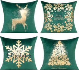 All Smiles Dark Green Gold Christmas Decorations Throw Pillow Covers Cases 18X18 Set of 4 Winter Xmas Indoor Home Décor Ornaments Velvet Navidad Cushion for Sofa Christmas Tree Snowflake Reindeer