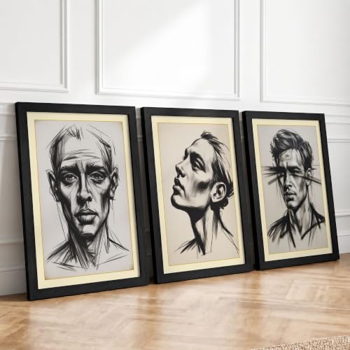 Ink Portrait Studies Modern Set of 3 Framed Wall Art Prints A4