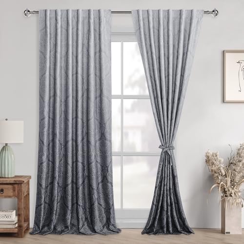DWCN Grey Curtains 96 inch Long for Bedroom - Ombre Room Darkening Damask Design Window Drapes Thermal Insulted Tieable Light Blocking Curtains for Living Room, Hotel, 2 Panels, W52 x L96, Gray