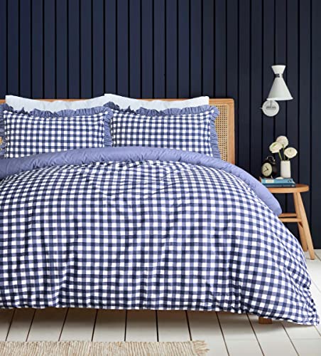 Sleepdown Gingham Check Blue Plain Reverse Soft Easy Care Duvet Cover Quilt Bedding Set With Ruffle Edge Pillowcases - King (230cm x 220cm)