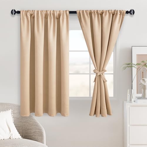 JIUZHEN Blackout Curtains for Bedroom - Thermal Insulated Room Darkening Noise Reducing, 52 x 54 Inch Length Curtains for Living Room, Set of 2 Panels with Tiebacks, Beige