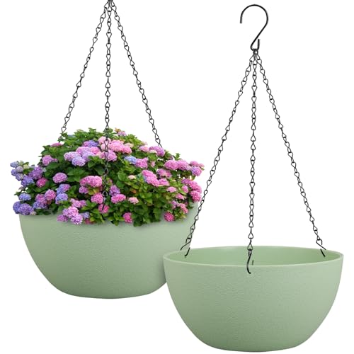 Meowell 12 inch Large Hanging Planters Plant Pots for Indoor Outdoor Plants, 2 Pack Hanging Flower Pots with Drainage Holes and Chain for Garden Porch, Plastic Hanging Baskets for House Plants, Green