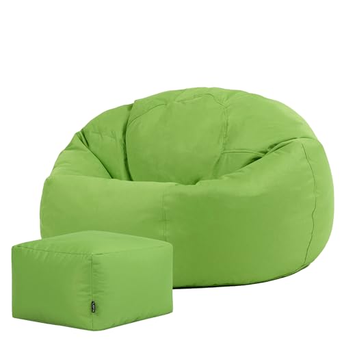 Bean Bag Bazaar Kingston Outdoor Bean Bag and Footstool, Lime Green, Garden Chair with Footstool, Water Resistant Fabric, Large Gaming Beanbag with Filling Included, Garden Seat, Outdoor Seating