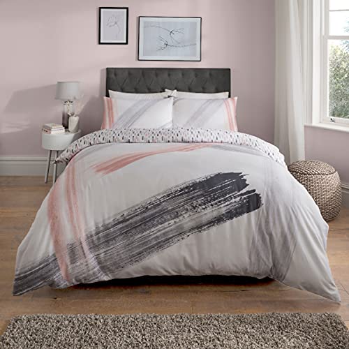 Sleepdown Abstract Brush Strokes White Blush Pink Charcoal Grey Reversible Duvet Cover Quilt and Pillow Cases Bedding Set Soft Easy Care - King (230cm x 220cm)