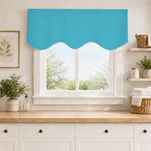 Aquazolax Kitchen Curtains Window Treatments Valance Elegant Solid Blackout Scalloped Valance Curtain Panel for Living Room, 52inch by 18inch, Turquoise, 1 Panel