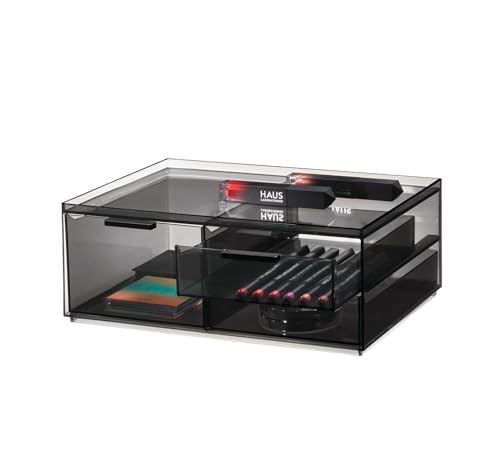 iDesign 3-Drawer Makeup Box from the Signature Series by Sarah Tanno, Wide RPET Makeup Organiser Storage, Makeup Storage, Smoke/Matte Black, 30.45/20.32/11.43