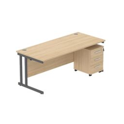 Office Hippo Heavy Duty Contract Grade Office Desk Workstation and Lockable 3-Drawer Pedestal Set, 120kg Weight Tolerance, 5-Year Warranty, FSC Certified, Canadian Oak, Graphite Legs, 1600 x 800mm