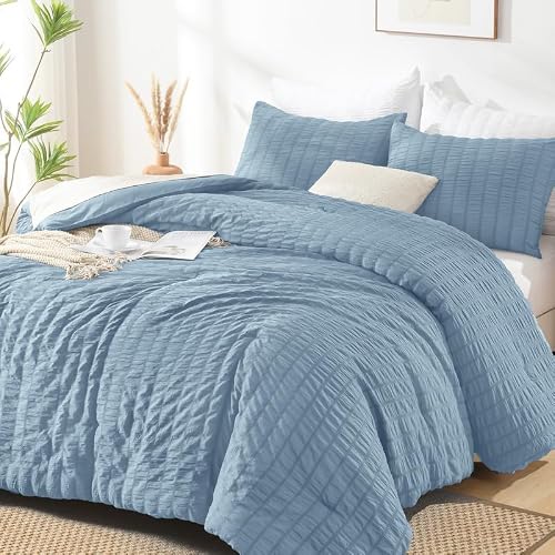 AveLom Seersucker Comforter Set Twin, Grayish Blue, 68x90, 1 Comforter and 1 Pillowcase