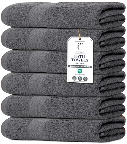 TEXCRAFT Bath Towel Set, Charcoal Grey Cotton Terry Towels for Bathroom, Quick Dry, Lightweight, Highly Absorbent, Soft Feel, 24 x 50 Pack of 6 for Shower, Pool, Spa, Gym, Hand Towel for Daily Use