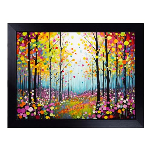 Lap Tray with Bean Bag Cushion, Spring Forest Pop Art - Handmade in the UK, Raised Wooden Edge, Padded Cushion, Heat-Resistant Wipe-Clean Surface, for Meals, Laptops and Crafts