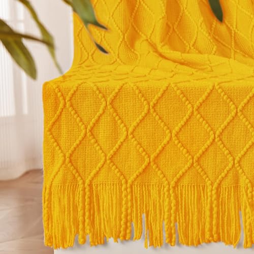 "inhand Knitted Fall Throw Blanket for Couch and Bed, Knit Fall Decor Halloween Blanket with Tassel, Mustard Yellow Lightweight Decorative Farmhouse Warm Woven Blankets and Throws for Women, 50""x60"""
