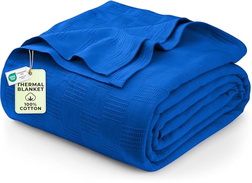 "Utopia Bedding Lightweight 100% Cotton Thermal Blanket (Double Size, 90"" x 72"") 350 GSM Soft Breathable All Seasons (Royal Blue)"