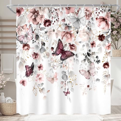 "Ufeela Grey Pink Floral Butterfly Spring Summer Bathroom Shower Curtain Set - 72""W x 72""L Plant Natural design with waterproof HD artwork, quick-dry fabric and hooks for easy hanging."
