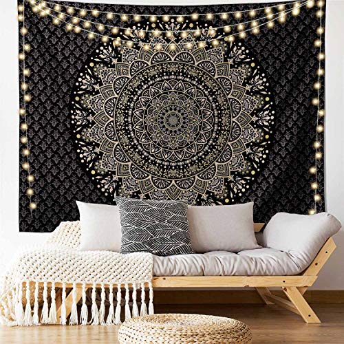 Edeesky Black Golden Mandala Tapestry Wall Hanging Psychedelic Medallion Wall Tapestry Aesthetic Indian Hippie Decor Bohemian Art Boho Home Decoration for Bedroom,Living Room,Dorm