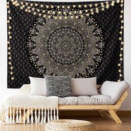 Edeesky Black Golden Mandala Tapestry Wall Hanging Psychedelic Medallion Wall Tapestry Aesthetic Indian Hippie Decor Bohemian Art Boho Home Decoration for Bedroom,Living Room,Dorm