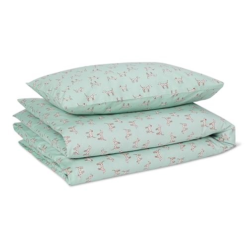 Amazon Basics 100% Organic Cotton Cot Bed Duvet Cover Set, Reversible Toddler Bedding, 100 x 135 cm & Pillowcase 40 x 60 cm, Mint Spotted Dogs