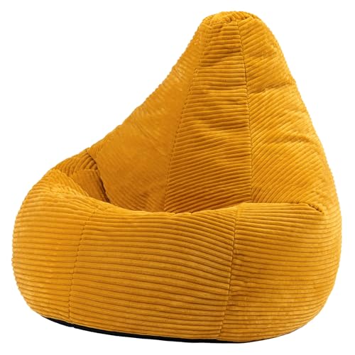 icon Dalton Cord Bean Bag Chair, Ochre Yellow, Large Adult Bean Bag with Filling Included, Comfy Chair, Living Room Furniture, Bedroom Furniture