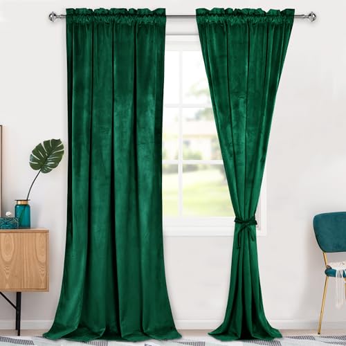 Hiasan Christmas Green Velvet Curtains 96 inches-Blackout Thermal Insulated Solid Soft Curtains for Bedroom Living Room Rod Pocket Room Darkening 2 Panels Window Drapes with Tiebacks, 42W x 96L