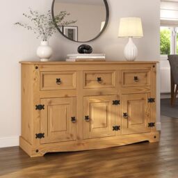 Corona Sideboard 3 Door 3 Drawer Mexican Style Solid Pine Wood Cupboard with Wax Finish Black Metal Hardware W 125 cm x D 40 cm x H 76 cm