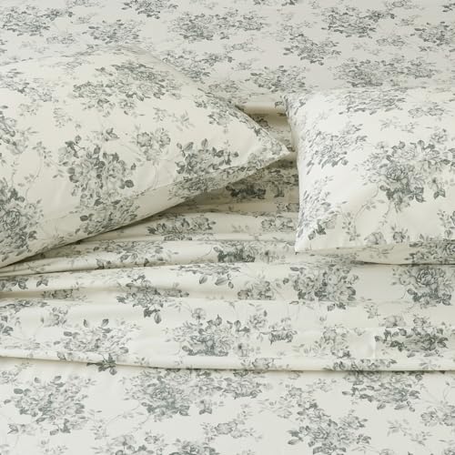 "DAUAOTO Split King Cotton Sheets Set Printed Bedding Sets, Bedlinen for Mattress Up to 14"" Deep, Toile Rose Floral Pattern Bedlinen Set, Gray"