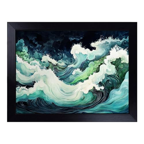 Lap Tray with Bean Bag Cushion, Ocean Artwork - Handmade in the UK, Raised Wooden Edge, Padded Cushion, Heat-Resistant Wipe-Clean Surface, for Meals, Laptops and Crafts