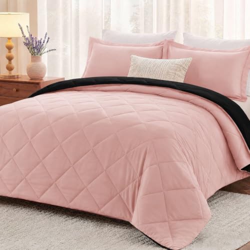 "downluxe Bedding Set for Queen Size Beds, Soft Bedding for All Seasons, 3-Piece, 1 Comforter (88"" x 92"") and 2 Pillow Shams (20"" x 26""), Pink and Black"