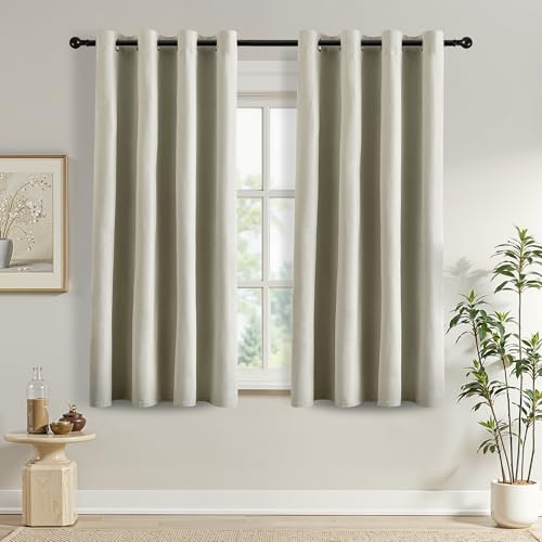 DONREN 100% Blackout Curtains 45 Inches Long Thermal Insulated, Soft Linen Grommet Blackout Drapes for Bedroom, 2 Panels 52Wx45L, Cream