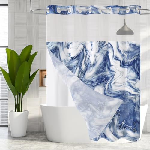 MitoVilla Navy Blue Marble Long Shower Curtain 72 x 80, No Hooks Required 80 inch Long Fabric Cloth Shower Curtain Set with Cloth Snap-in Liner for Modern Hotel Bathroom Decor