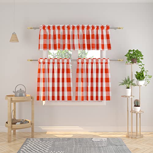 "Natus Weaver 3 Pc Cotton Classic Country Farmhouse Kitchen Window Curtain -Red & White Buffalo Check Tier & Valance Set, 54"" x 18"" / 27"" x 36"""