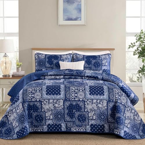 "Cottolester King Quilt Set 3 Pieces,Blue Patchwork Quilt Set,Boho Farmhouse Bedspread Soft Microfiber Bedding Set 110""x90"""