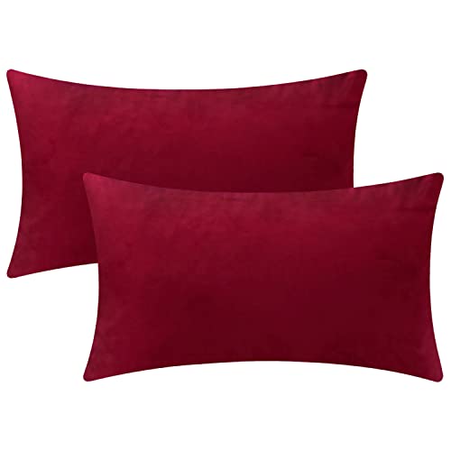 "Rythome Set of 2 Comfortable Throw Pillow Covers for Bedding, Decorative Accent Cushion Sham Cases for Couch Sofa, Soft Solid Velvet with Zipper Hidden - 12""x20"", Deep Red"