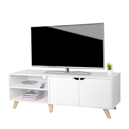 Relaxdays TV lowboard with 6 compartments, cable management, 60-inch cabinet, 50x140x40 cm, white