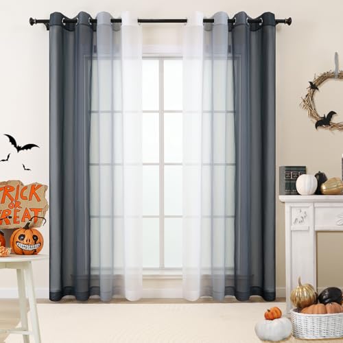 L.Z.E Black Ombre Sheer Curtains 63 Inch Length for Living Room, Black and White Curtains for Bedroom Dining Room Sliding Glass Door, Lightweight Gradient Window Drapes Grommet Top 2 Panels Set