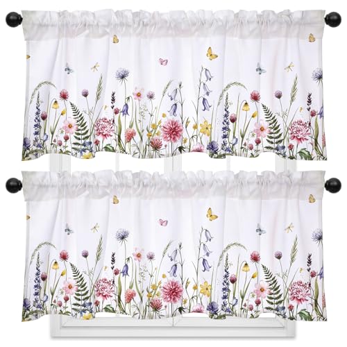 GlikCeil 2 Pack Wild Flower Valance Curtains for Windows Spring Flower Valances Floral Short Curtains Rod Pocket Window Treatment for Spring Kitchen Bedroom Living Room Window Decor 54 x 18 Inch