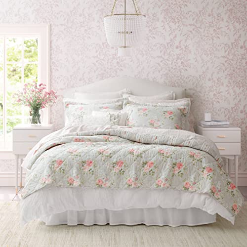 Laura Ashley Reversible Cotton Bedding with Matching Sham(s), Lightweight Home Decor for All Seasons, Melany Pink, Queen