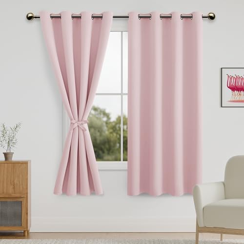 DWCN Blackout Curtains for Bedroom with Tiebacks - Room Darkening Privacy Grommet Top Window Curtains for Living Room, 52 x 63 inch Length,Blush Pink,Set of 2 Panels