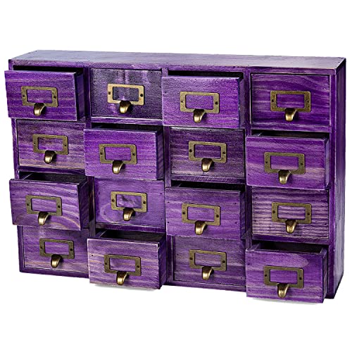 Woodaholic Purple 16-Slot Wooden Drawer Unit - Country Style Desk Organizer Box 20''x3.6''x14'' Storage w/ 16 Drawers Countertop Label Holder & Handle Slim 4-Level