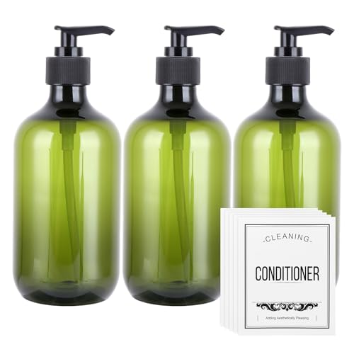 ASeledted 3 Pack Green Pump Bottle Dispenser, 500Ml Soap Shampoo Dispenser Empty Plastic Refillable Lotion Containers for Oil, Emulsion Shampoo, Pump Lotion, Bathroom, Liquid Makeup Bottles