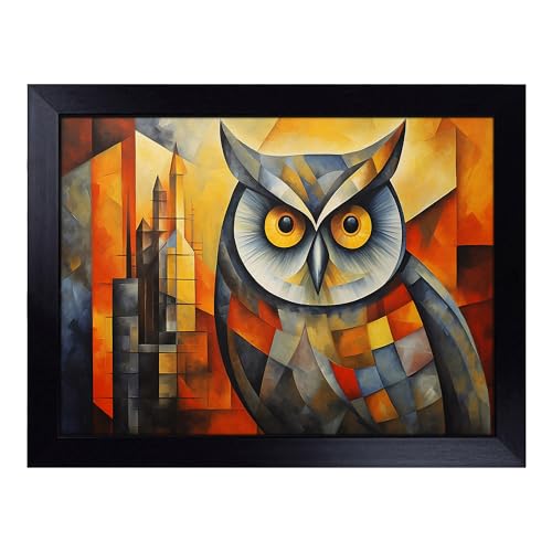 Lap Tray with Bean Bag Cushion, Owl Cubism - Handmade in the UK, Raised Wooden Edge, Padded Cushion, Heat-Resistant Wipe-Clean Surface, for Meals, Laptops and Crafts