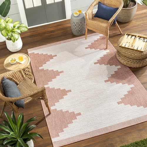 Livabliss Rubal Lagada Indoor Outdoor Floor Covering 160x230 cm – Boho Pattern for Living Room, Patio & Kitchen, Waterproof & Stain-Resistant, Coral & Ivory