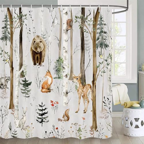 JAWO Rustic Forest Shower Curtain for Bathroom, Country Hunting Bear Deer Wild Animals Farmhouse Lodge Curtain, Cabin Nature Bathroom Set with Hooks, 70X70 Inch, Grey