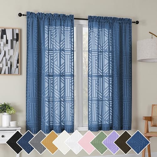 Simplebrand Dusty Blue Semi Sheer Curtains 54 Inch Length 2 Panels, Geometric Jacquard Clip Textured Curtains for Bedroom, Modern Elegant Window Drapes/Treatment, 42x54 Inch
