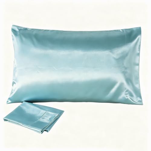 Juwenin Bedding,Super Soft and Luxury Silky Satin Pillowcase with Zipper (Silky Satin Pillow Case for Hair) Set of 2 (Aqua, King(20''x36'))